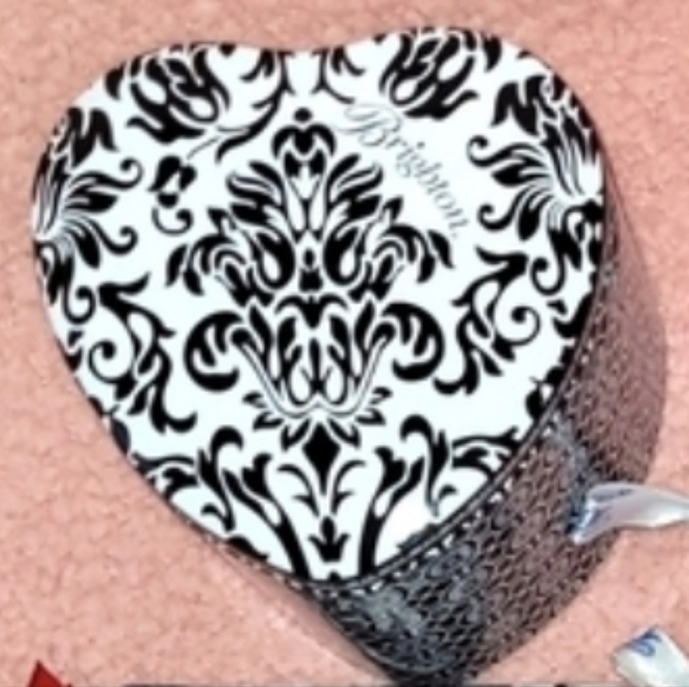 Brighton Black/White Damask Lidded Jewelry/Gift Tin  Bonus Vintage Mary Kay Pods